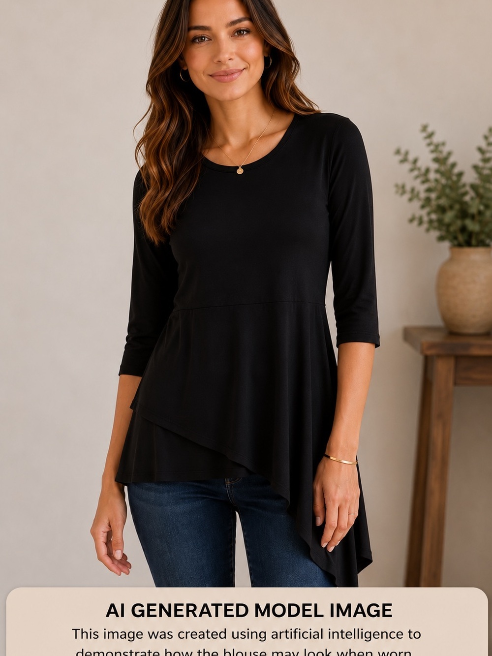 Carine Black Asymmetrical Hem Slip Over Tunic Top 3/4 Sleeve Size Small